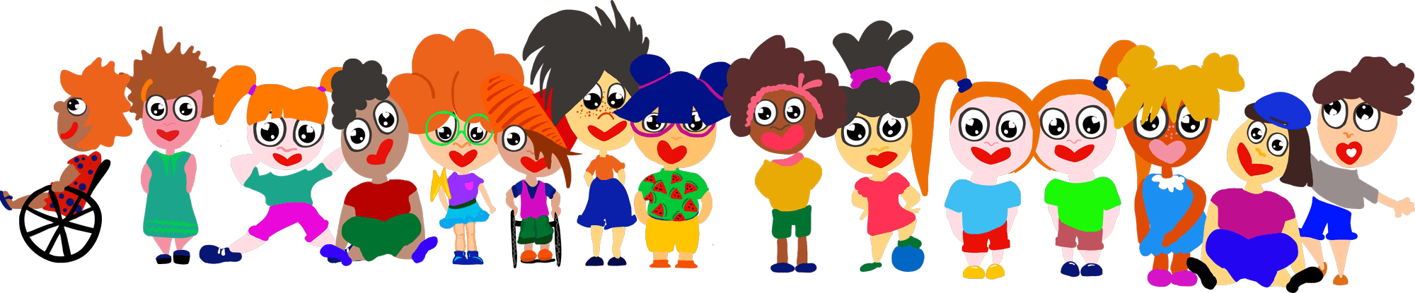 A group of children standing next to each other in a row, every one different.