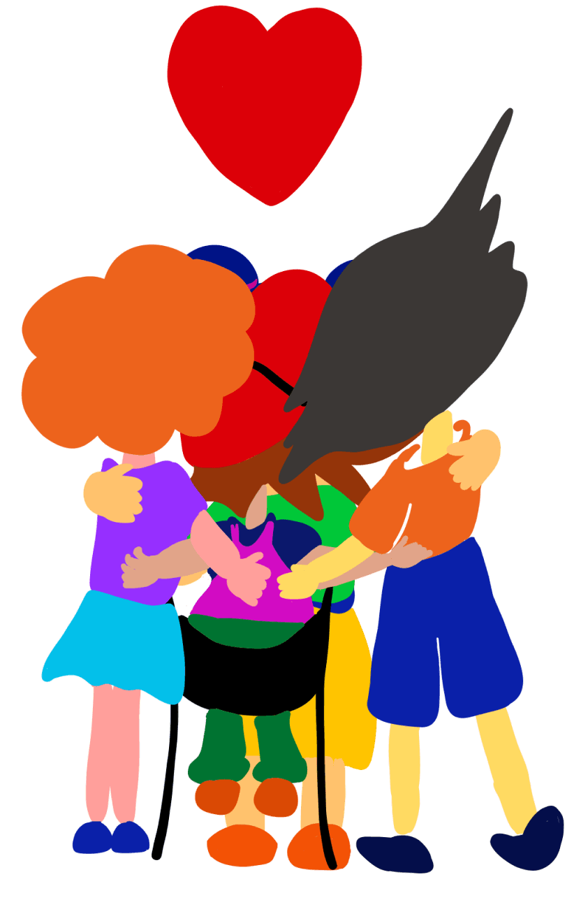 Illustration of four children hugging.